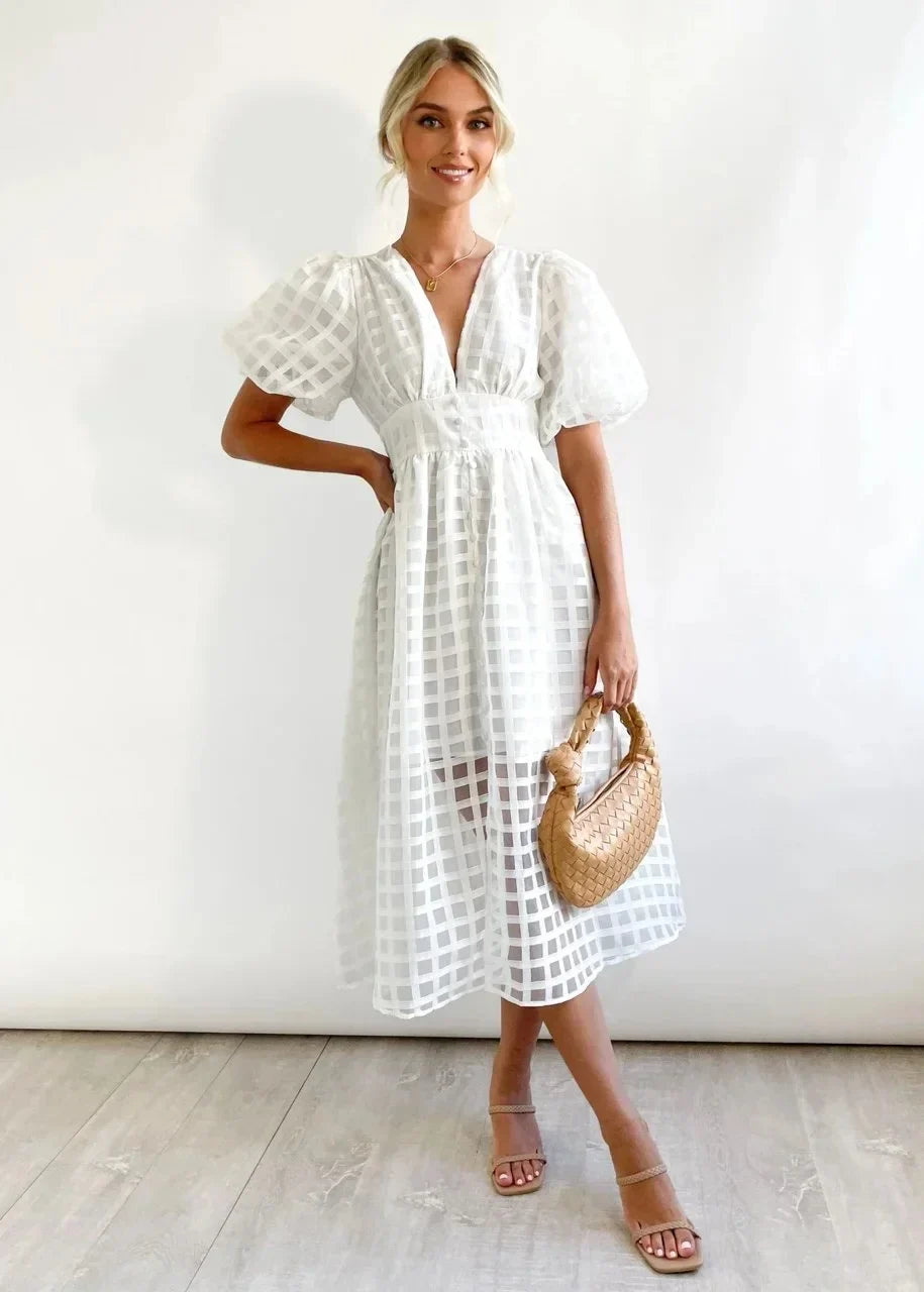 Variant image for Robe Midi Femme Élégante à Imprimé Carré et Manches Volantées - Nicole-9