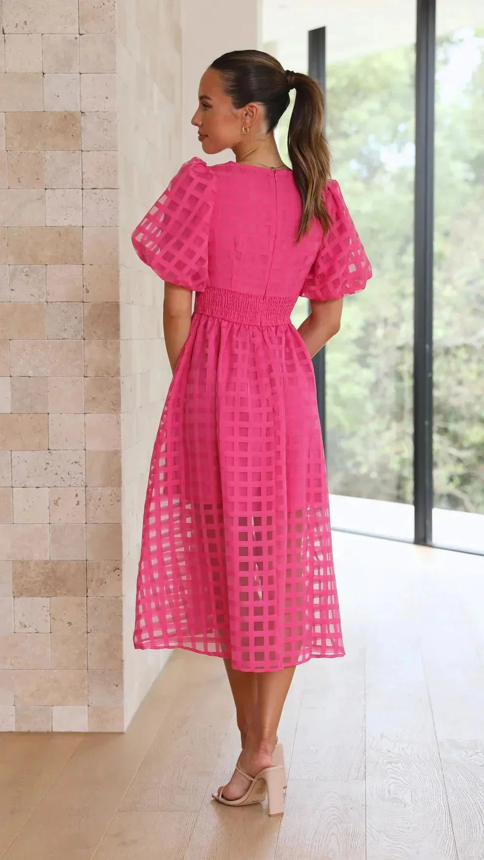 Robe Midi Femme Élégante à Imprimé Carré et Manches Volantées - Nicole-6