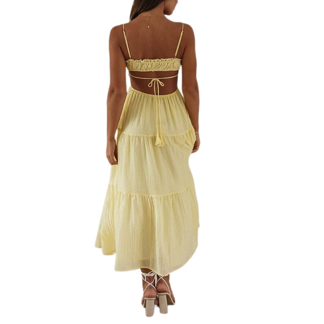 Robe Longue Femme ÉléGante à Volants Jaune Doux - Isadora-5
