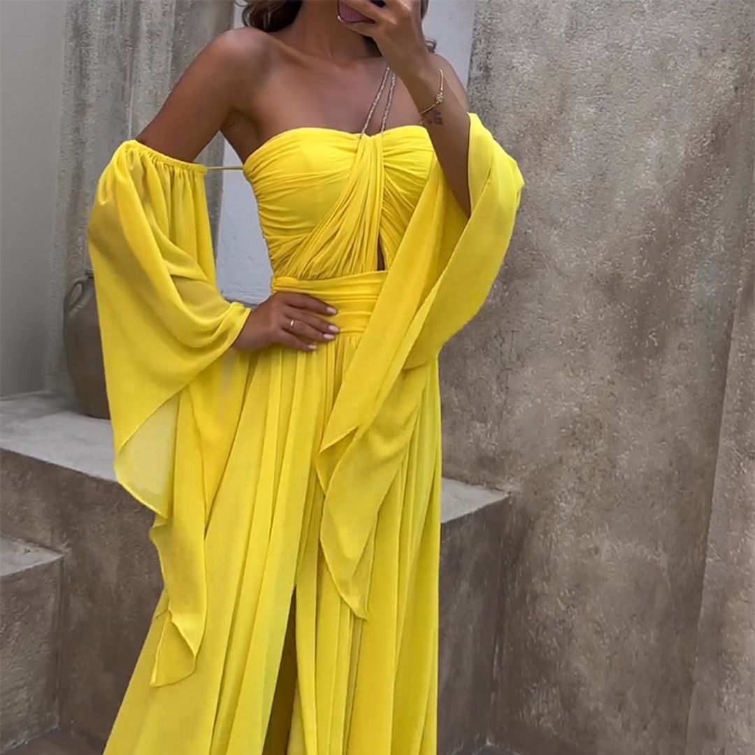 Robe Longue Femme Élégante à Manches Longues avec Bretelles en Chaîne - Olivia-4