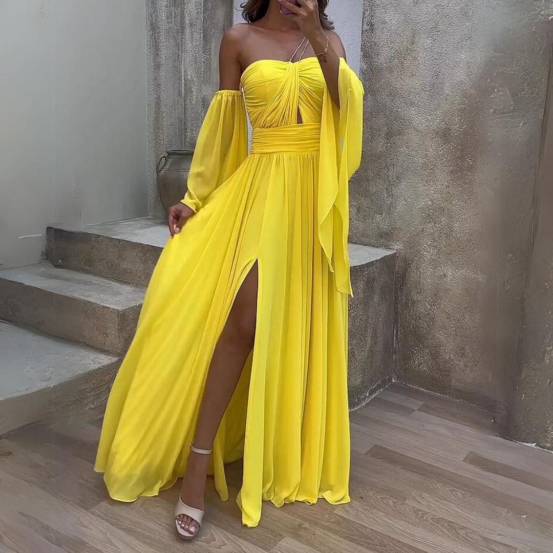 Robe Longue Femme Élégante à Manches Longues avec Bretelles en Chaîne - Olivia-3