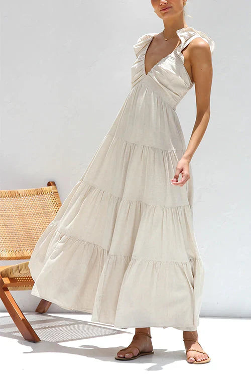 Variant image for Robe Longue Femme En Lin Sans Manches À Encolure En V - Élégante-1