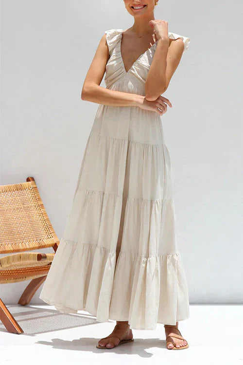 Robe Longue Femme En Lin Sans Manches À Encolure En V - Élégante-5