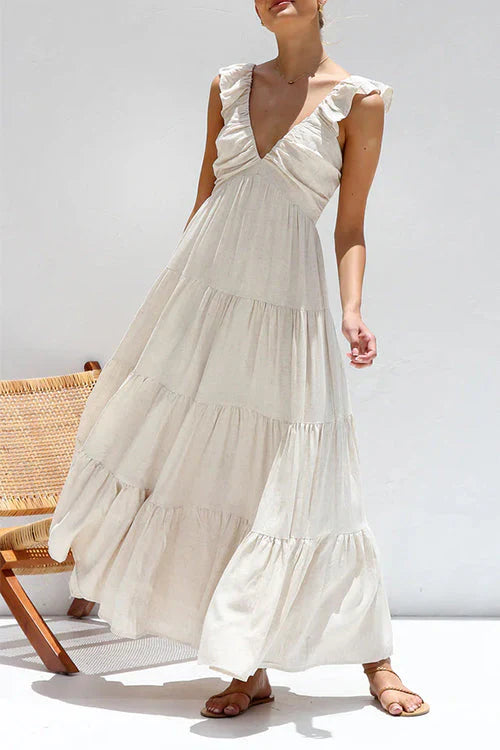 Robe Longue Femme En Lin Sans Manches À Encolure En V - Élégante-6