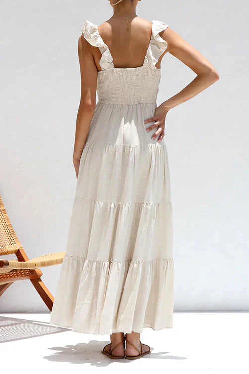 Robe Longue Femme En Lin Sans Manches À Encolure En V - Élégante-4