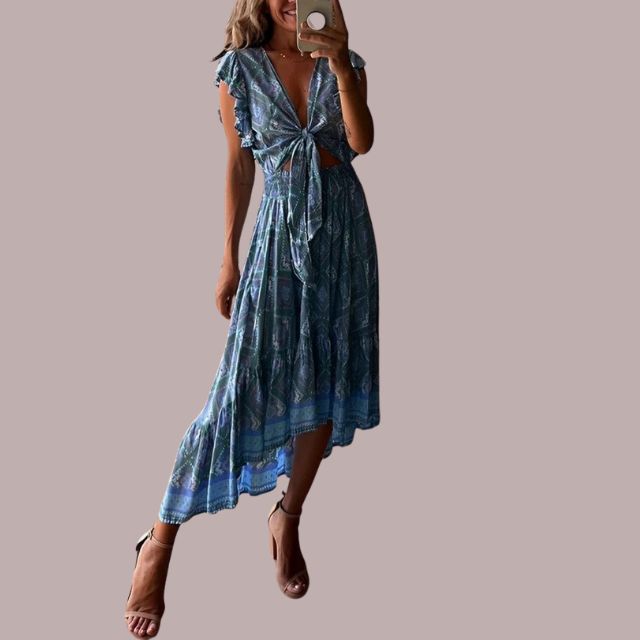 Robe Femme Bohème Échancrée avec Ceinture à Nouer - Élégante et Aérée-2