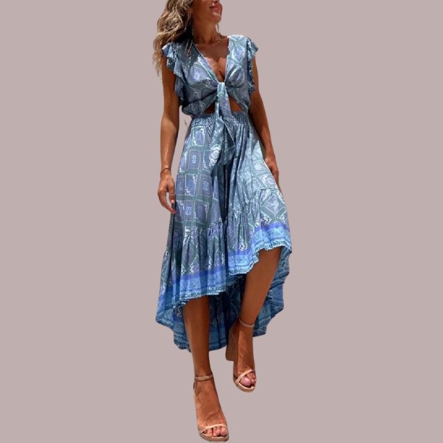 Variant image for Robe Femme Bohème Échancrée avec Ceinture à Nouer - Élégante et Aérée-1