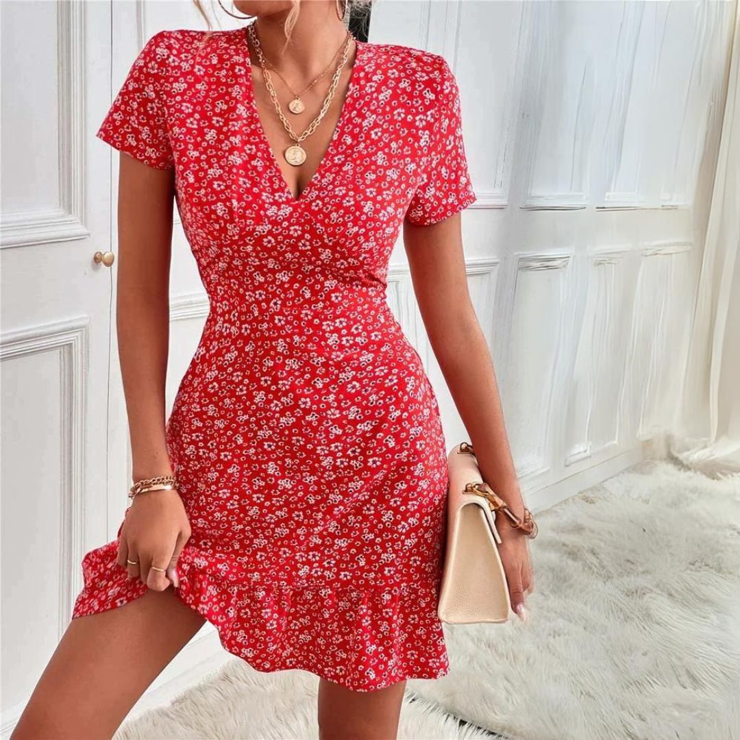 Robe Femme Courte Élégante Fleurie Col en V - Lily-2