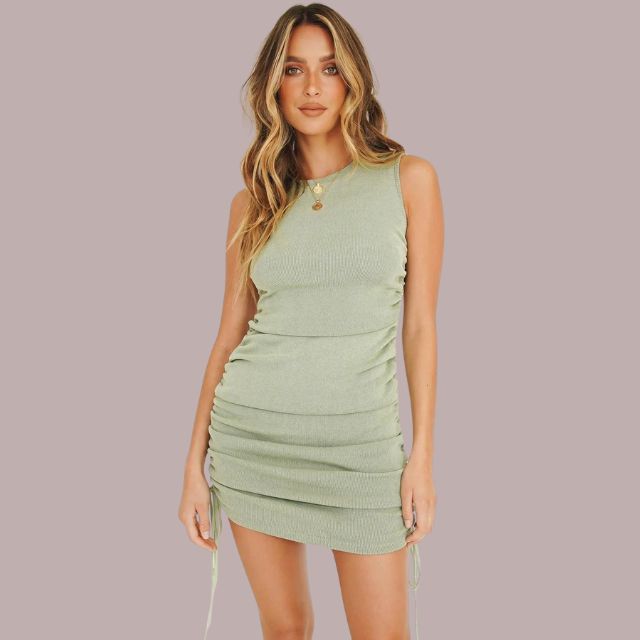 Variant image for Robe Femme Mini Sans Manches Côtelée Vert Tendre - Ava-1