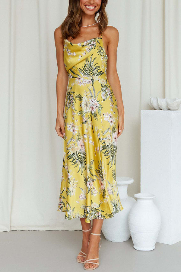 Variant image for Robe Midi Femme Satin Floral Chic Col Roulé - Yaiza-1
