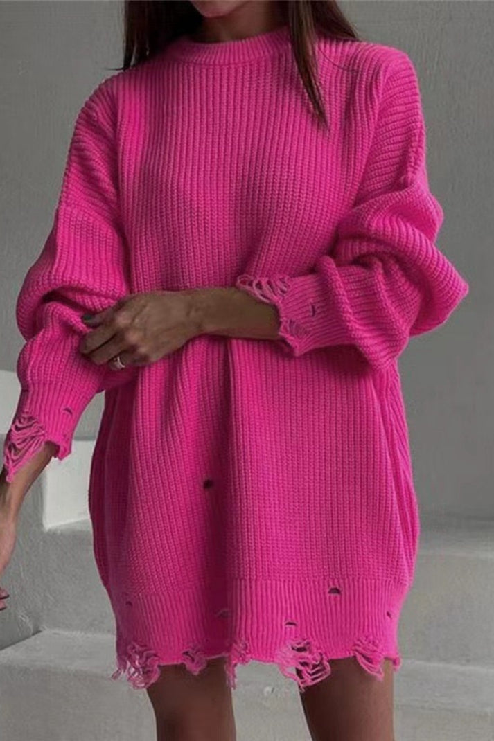 Pull récupéré décontracté à col O en couleurs unies pour femmes - Hazel
