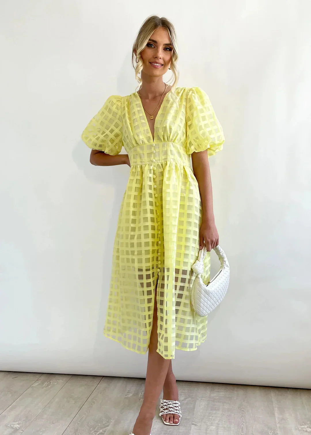 Variant image for Robe Midi Femme Élégante à Imprimé Carré et Manches Volantées - Nicole-33