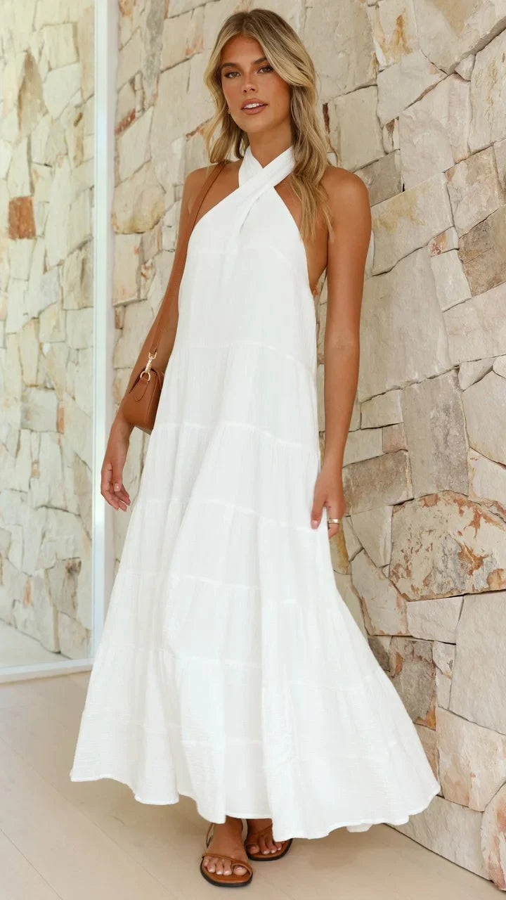 Robe d'Été Femme Chic Blanche à Manches Courtes - Moniqua-3