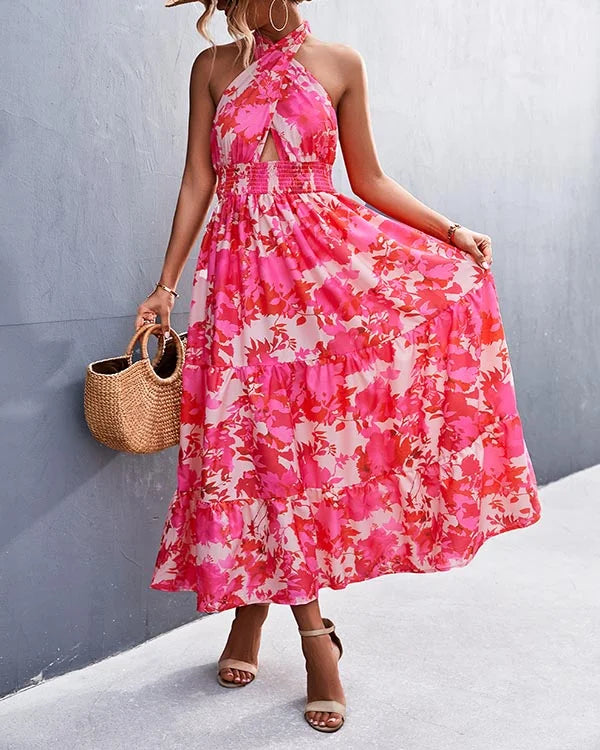 Variant image for Robe Femme Imprimée Longue Élégante Décolleté Dos-Nu - Rose-9