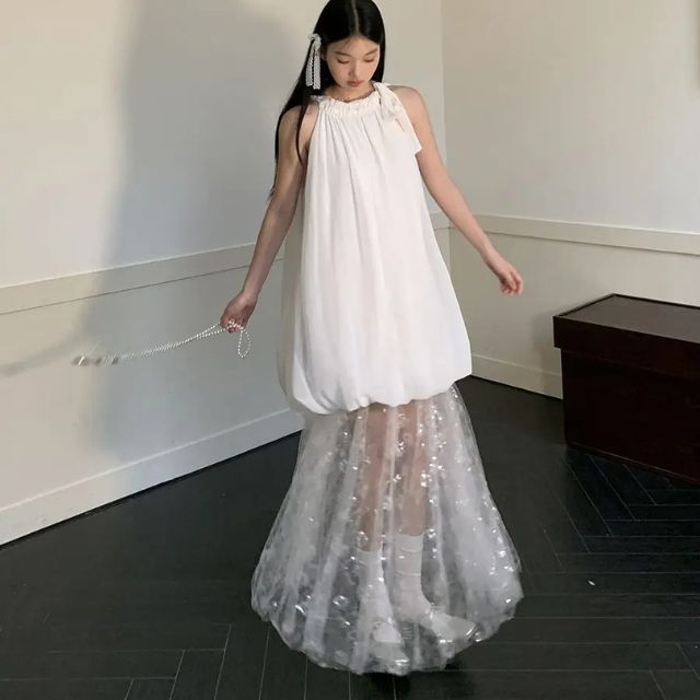 Robe de Soirée Longue Élégante en Tulle Patchwork Sans Manches - Luna-3