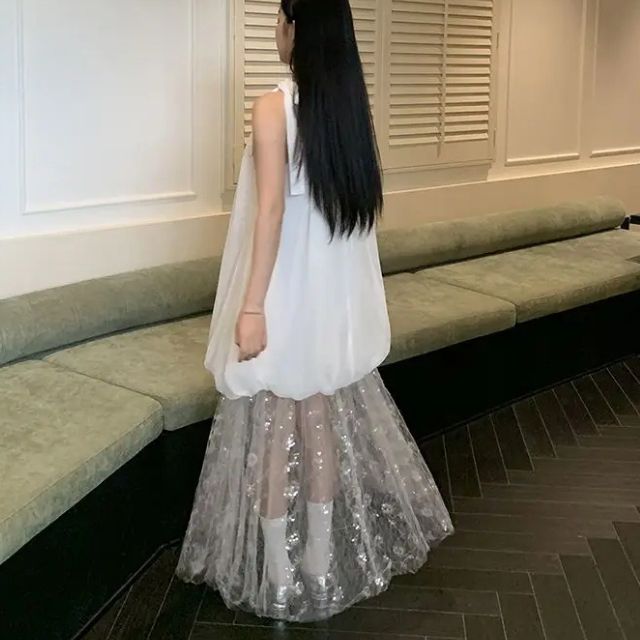 Robe de Soirée Longue Élégante en Tulle Patchwork Sans Manches - Luna-4