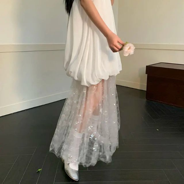 Robe de Soirée Longue Élégante en Tulle Patchwork Sans Manches - Luna-5