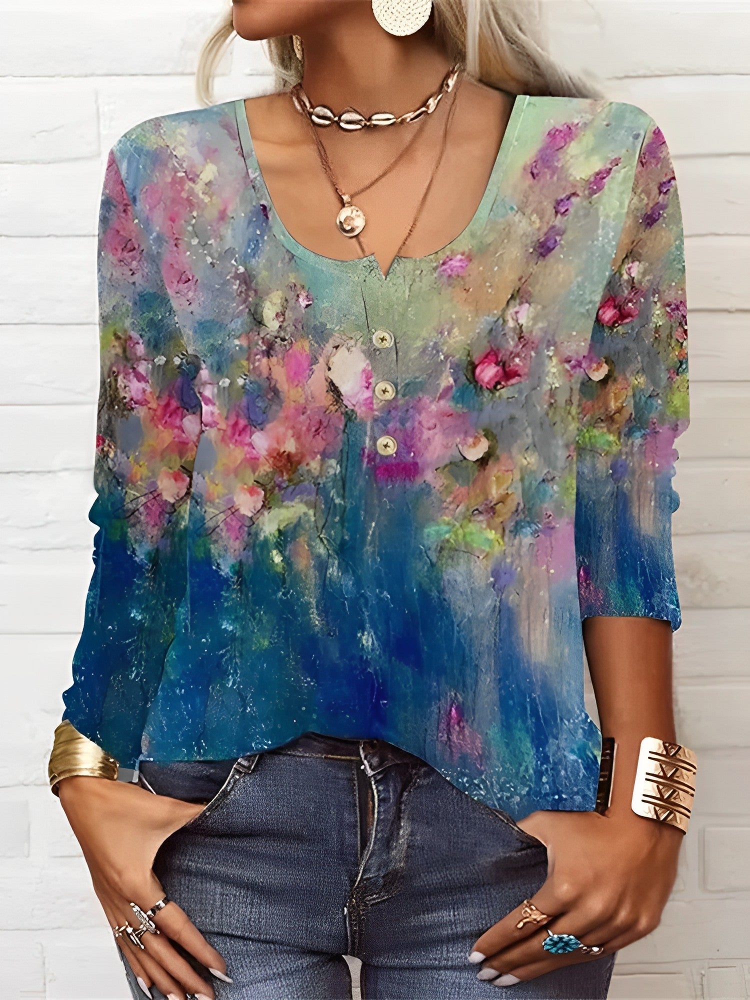 Joshien - T-shirt Décontracté à Imprimé Floral et Manches Longues avec Col Rond