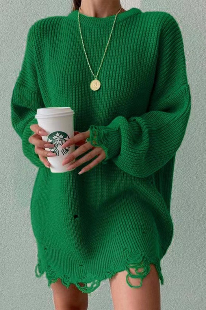 Pull récupéré décontracté à col O en couleurs unies pour femmes - Hazel
