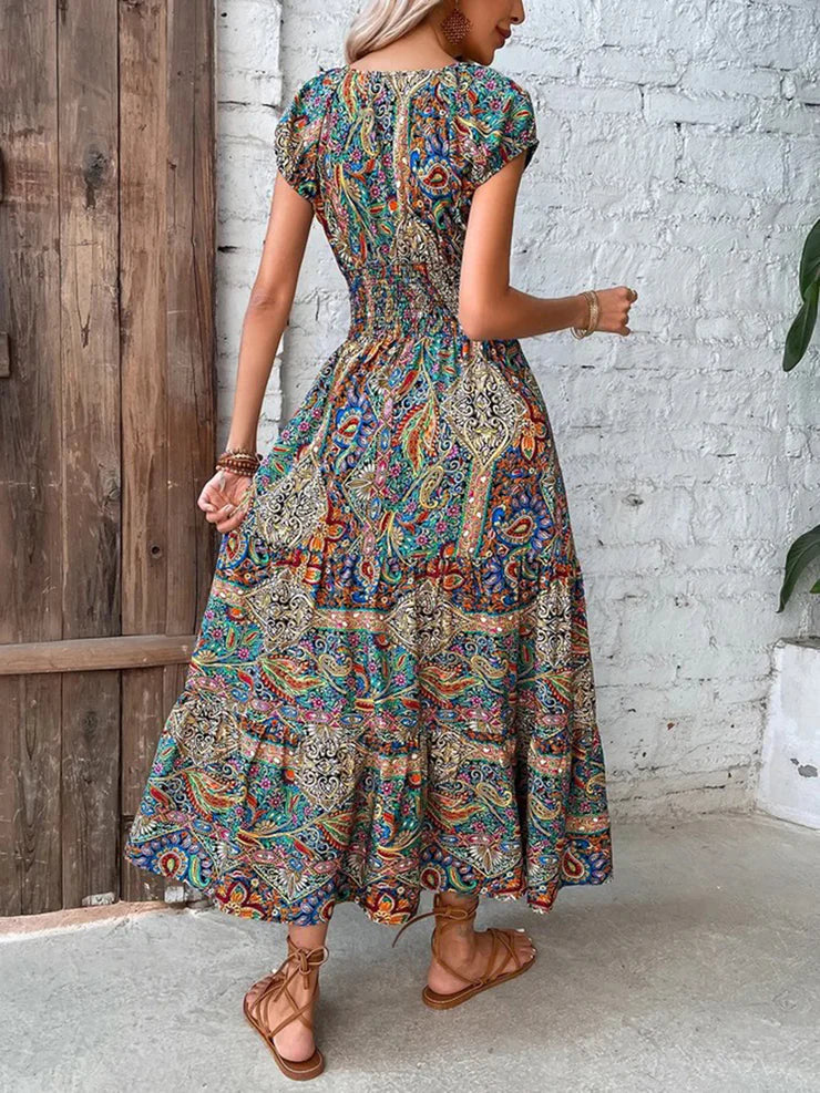 Robe d'Été Longue Femme à Motif Cachemire Froncé Chic - Élégante-5