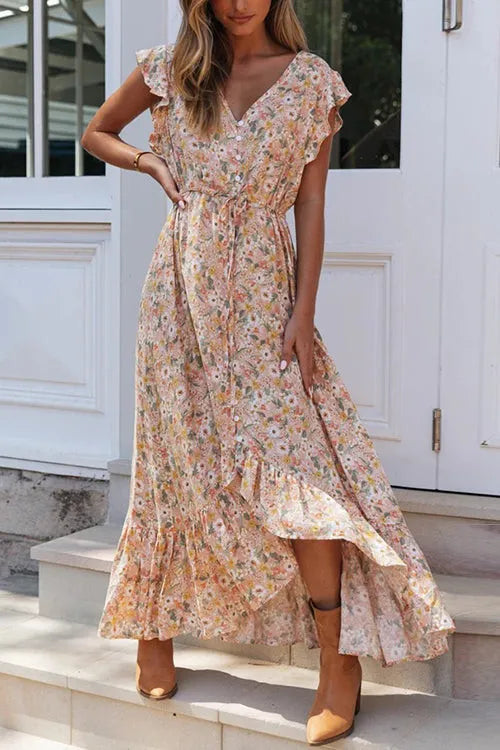 Robe Longue Femme Fleurie avec Volants et Cordon de Serrage - Lola-2