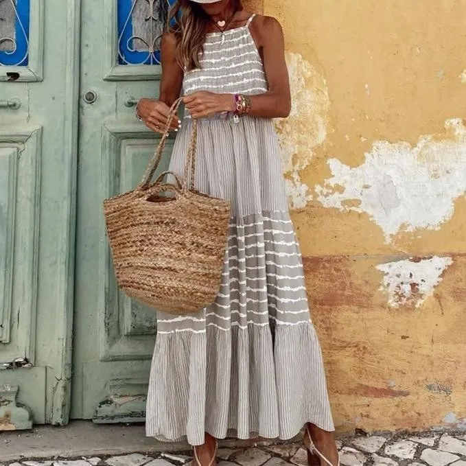 Robe de plage longue à imprimé rayé gris - Zoe