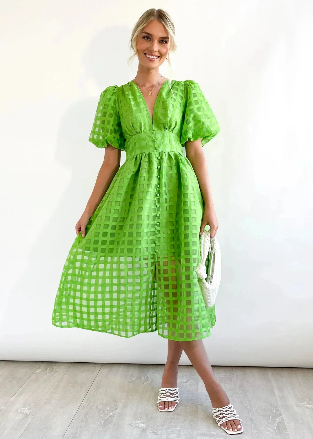Variant image for Robe Midi Femme Élégante à Imprimé Carré et Manches Volantées - Nicole-17