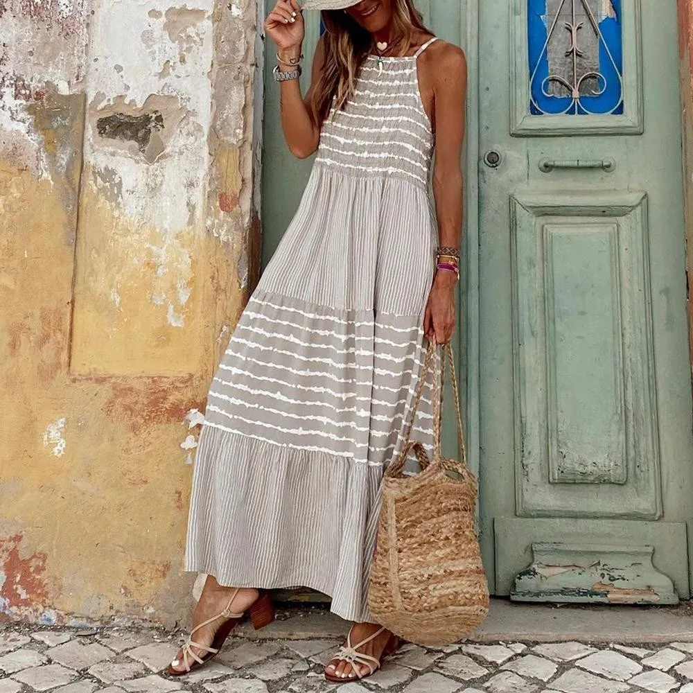 Robe de plage longue à imprimé rayé gris - Zoe
