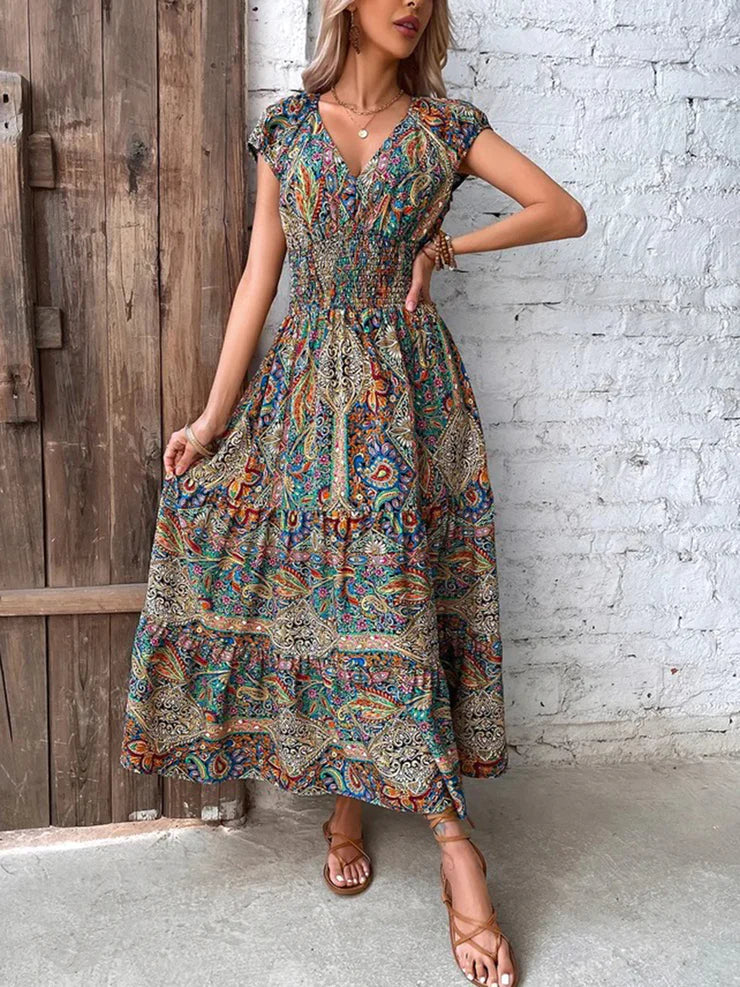 Robe d'Été Longue Femme à Motif Cachemire Froncé Chic - Élégante-2
