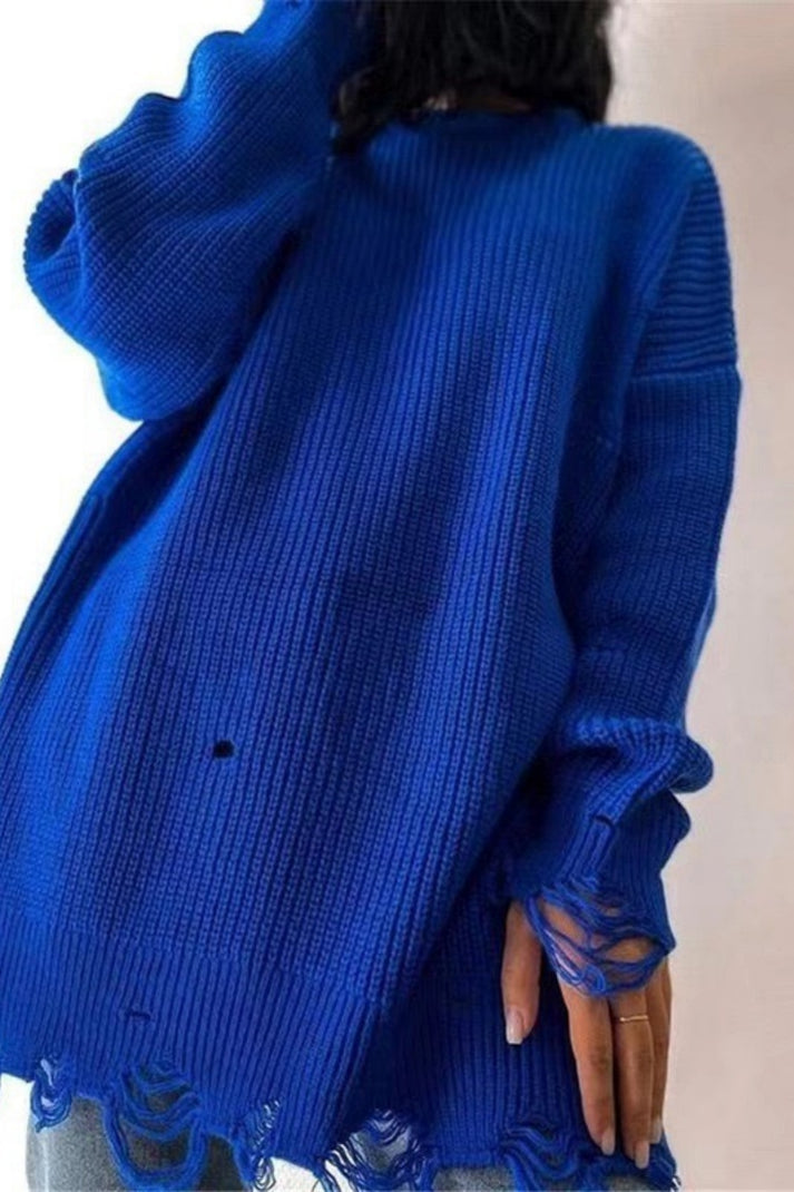 Pull récupéré décontracté à col O en couleurs unies pour femmes - Hazel