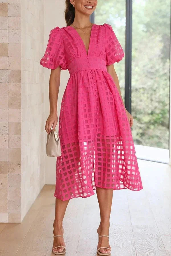 Variant image for Robe Midi Femme Élégante à Imprimé Carré et Manches Volantées - Nicole-1