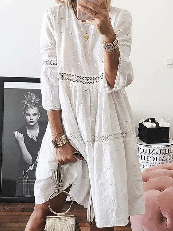 Robe Midi Femme Chic à Manches 3/4 en Tissu Ample - Ainhoa-3