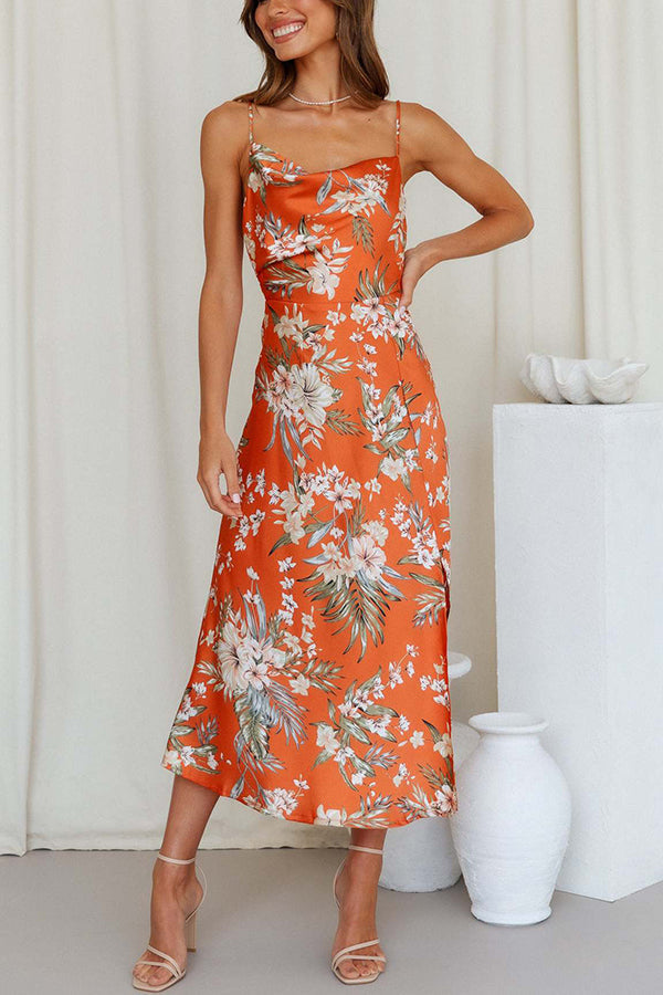 Variant image for Robe Midi Femme Satin Floral Chic Col Roulé - Yaiza-13