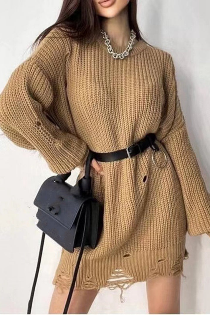 Pull récupéré décontracté à col O en couleurs unies pour femmes - Hazel