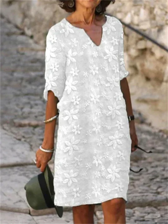 Sommerkleider mit Blumenmuster aus Baumwolle und Leinen pour femmes - Patricia