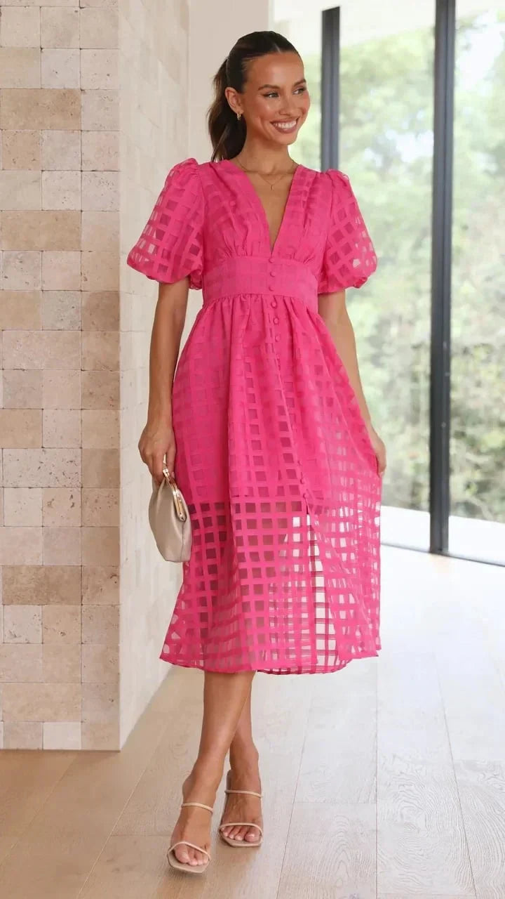 Robe Midi Femme Élégante à Imprimé Carré et Manches Volantées - Nicole-3