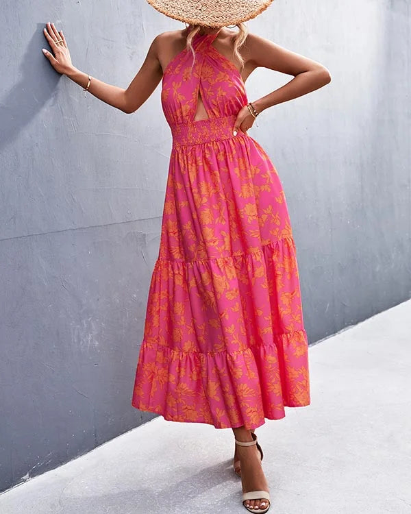 Variant image for Robe Femme Imprimée Longue Élégante Décolleté Dos-Nu - Rose-5