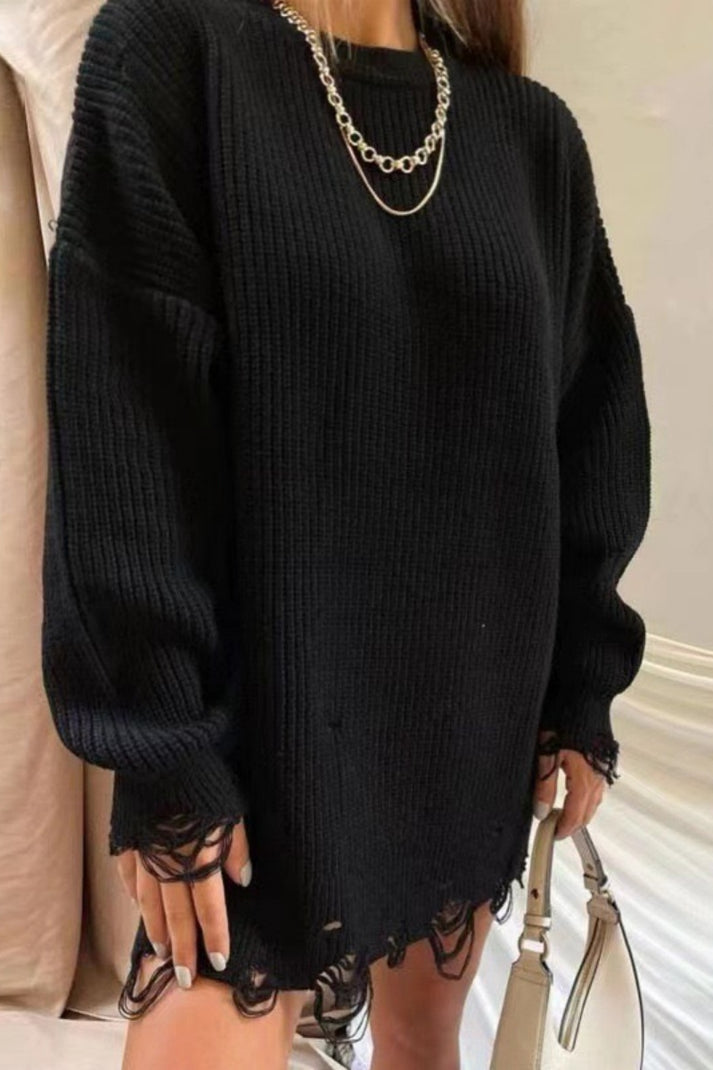 Pull récupéré décontracté à col O en couleurs unies pour femmes - Hazel