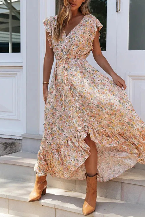 Robe Longue Femme Fleurie avec Volants et Cordon de Serrage - Lola-5