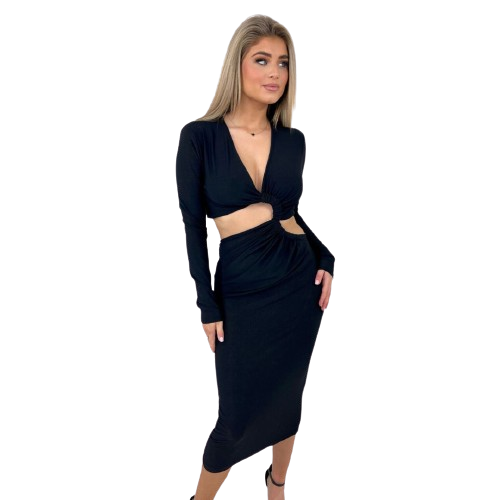 Variant image for Robe Midi Femme Chic Découpée Noire Élégante - Lisa-1