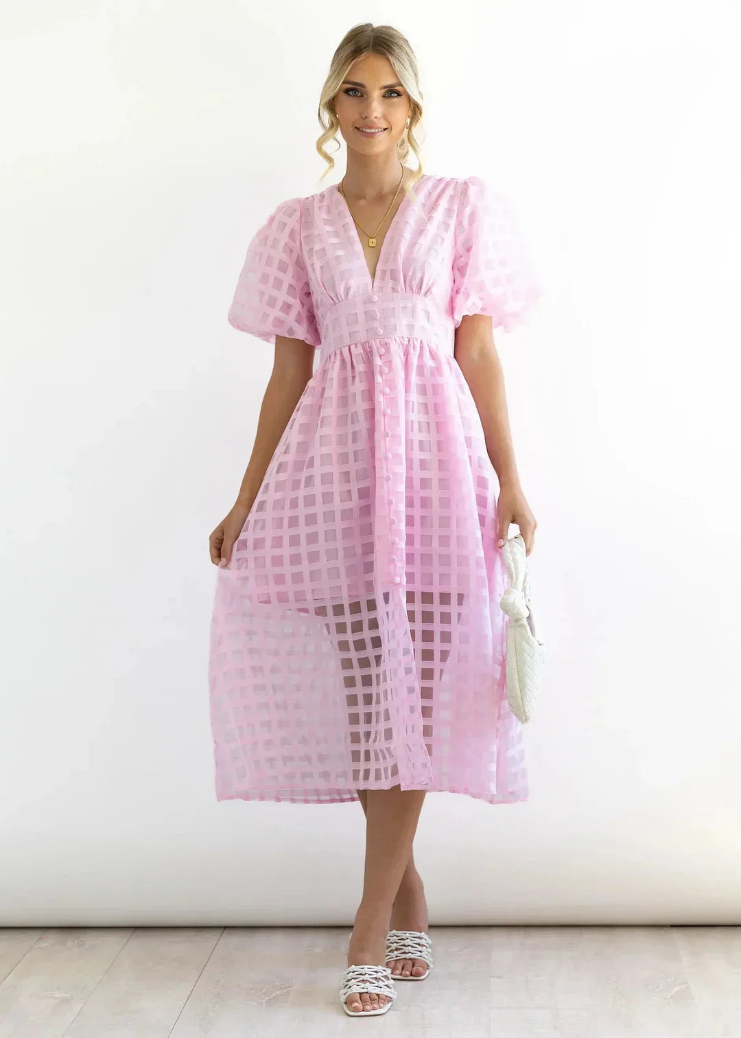 Variant image for Robe Midi Femme Élégante à Imprimé Carré et Manches Volantées - Nicole-29