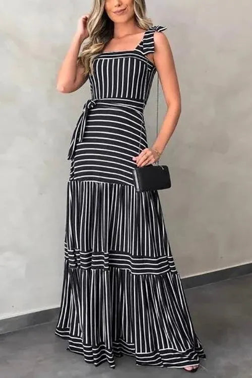 Robe Longue Femme Élégante à Rayures avec Nœud et Ceinture - Alba-1