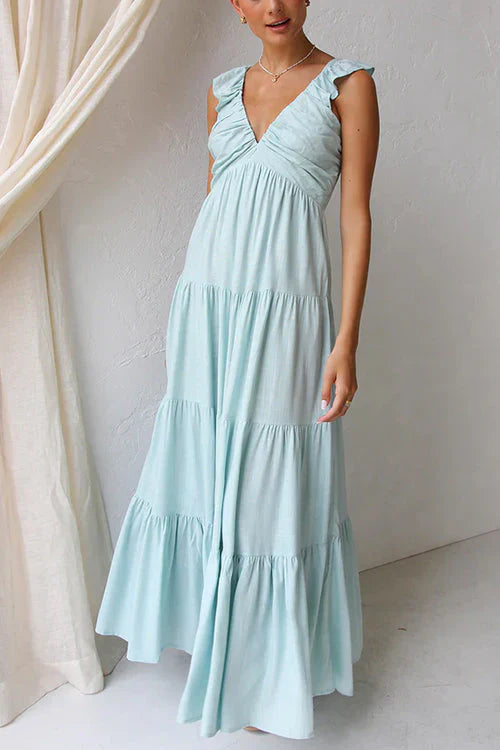 Variant image for Robe Longue Femme En Lin Sans Manches À Encolure En V - Élégante-5