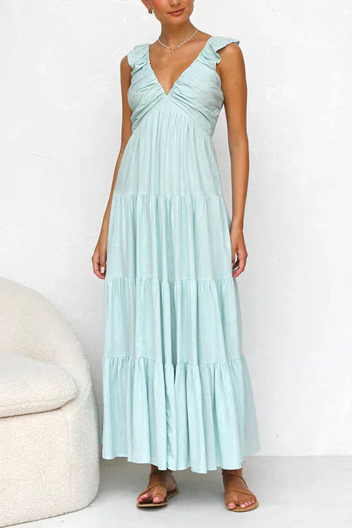 Robe Longue Femme En Lin Sans Manches À Encolure En V - Élégante-2