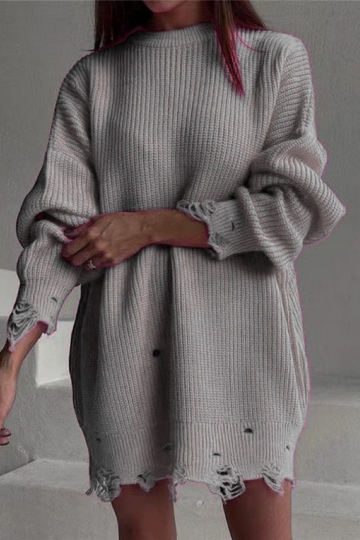 Pull récupéré décontracté à col O en couleurs unies pour femmes - Hazel