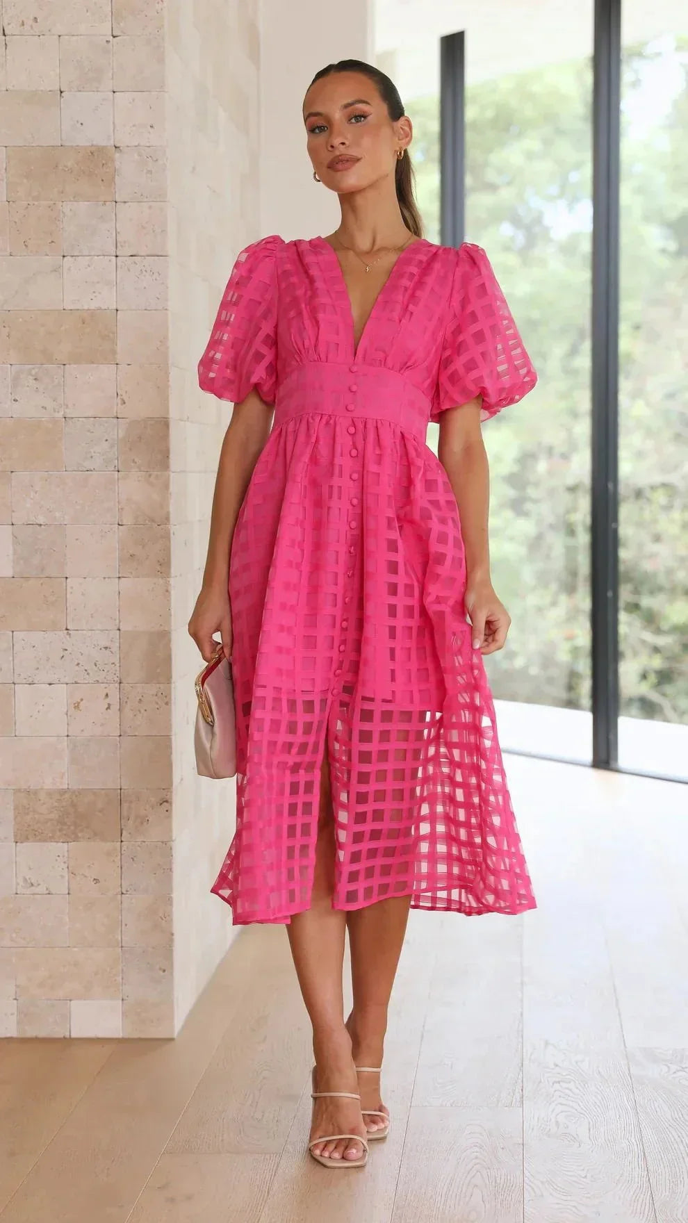 Robe Midi Femme Élégante à Imprimé Carré et Manches Volantées - Nicole-4