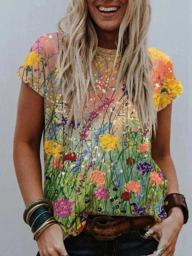 Meli - T-Shirt Confortable avec Peinture d'Art Floral