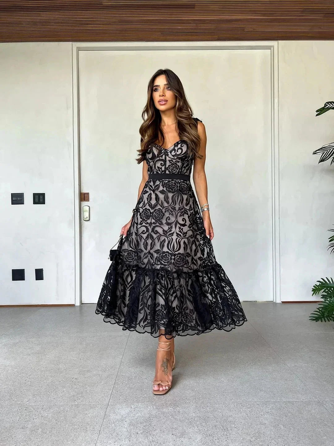 Robe Midi Femme Élégante Imprimée Sans Manches - Sophie-1