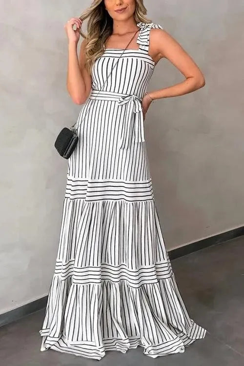 Robe Longue Femme Élégante à Rayures avec Nœud et Ceinture - Alba-2