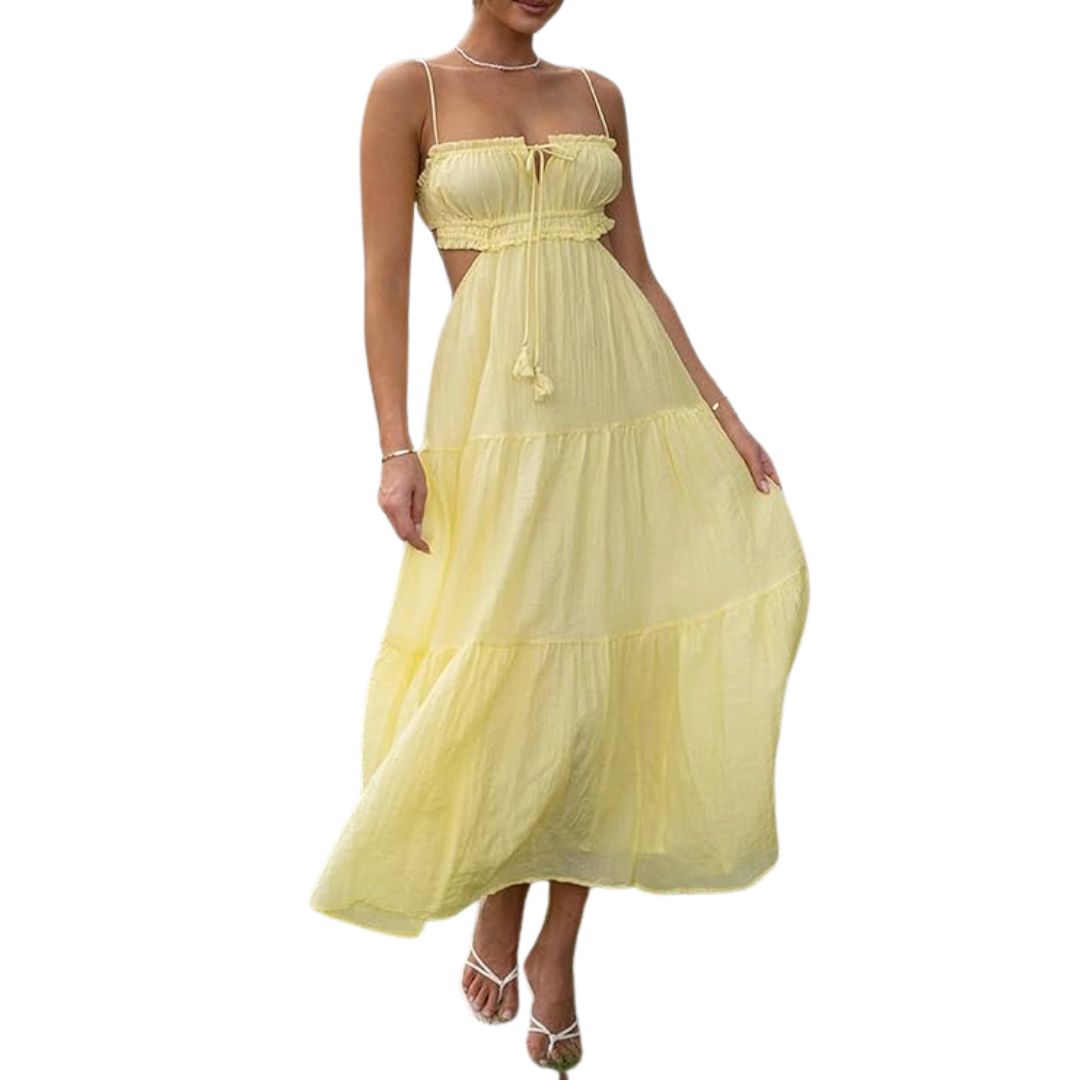 Robe Longue Femme ÉléGante à Volants Jaune Doux - Isadora-3